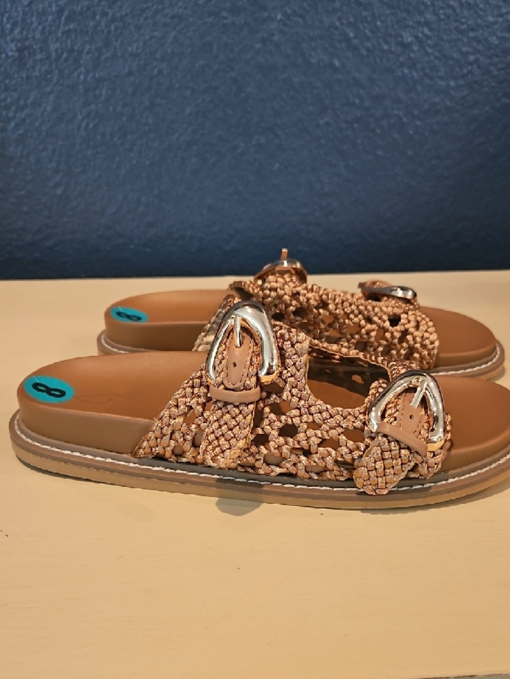 Joie Braided Tan Slide Sandals with Gold Buckles New No Box - Picture 2 of 6